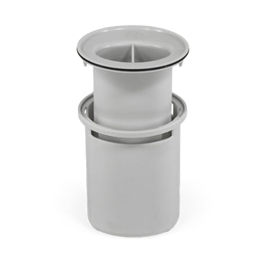 A gray plumbing drain trap with a removable bucket and funnel.
