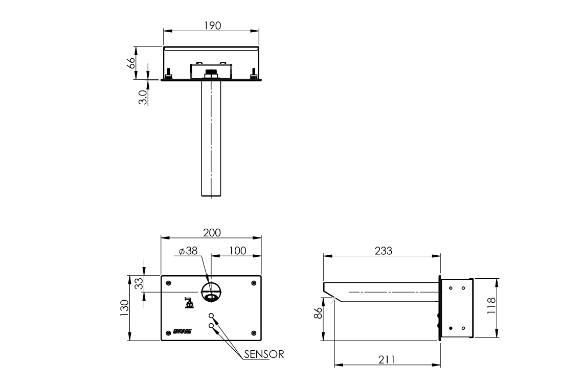 Wall Mounted Sensor Tap – Hands-Free – Active Sense with 250mm Spout