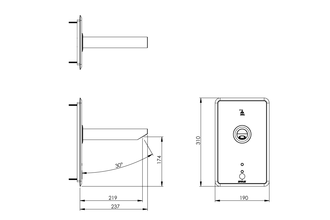 Enware Touch-Free Wall Sensor Tap Auto Sense Front of Wall Component – Mains – 230mm Spout