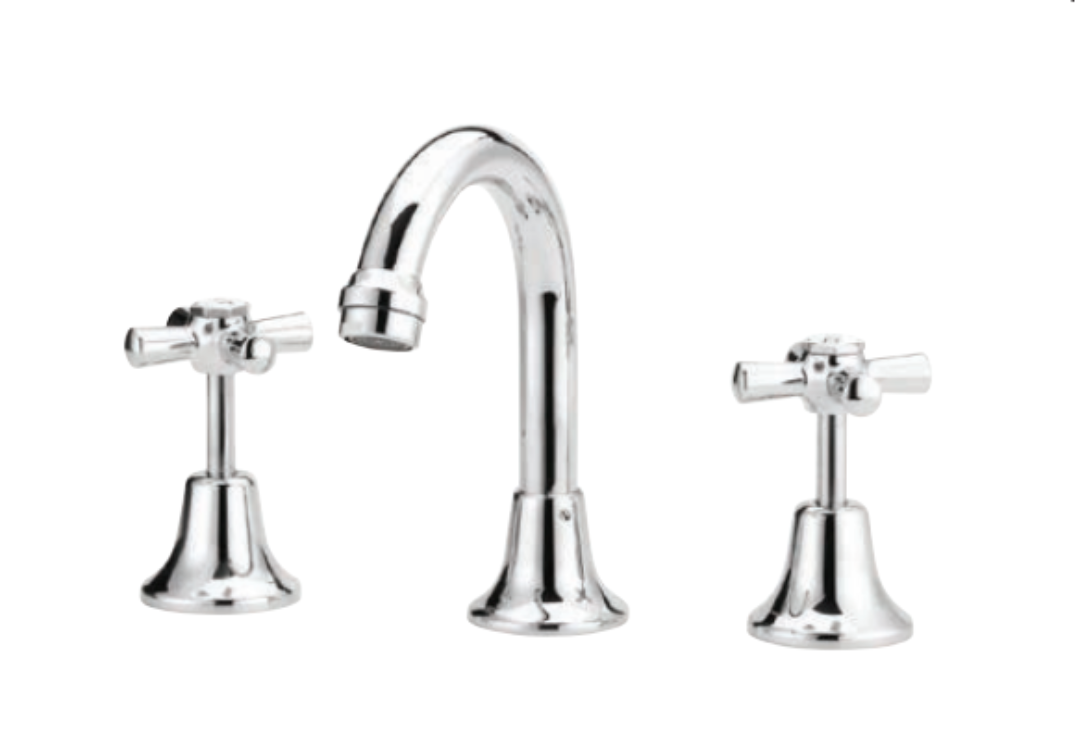 A chrome basin mixer tap with a fixed spout and two cross handles.