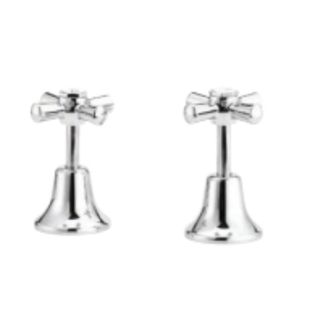 A pair of chrome-plated basin top assemblies with cross handles.