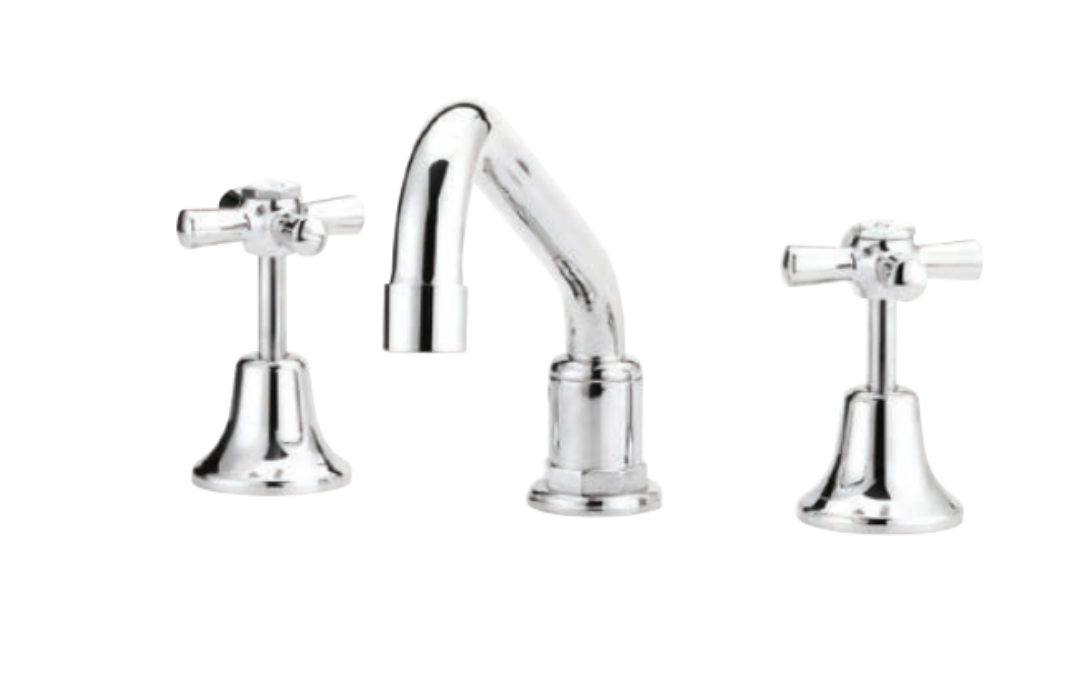 Chrome bathroom faucet set on a white background