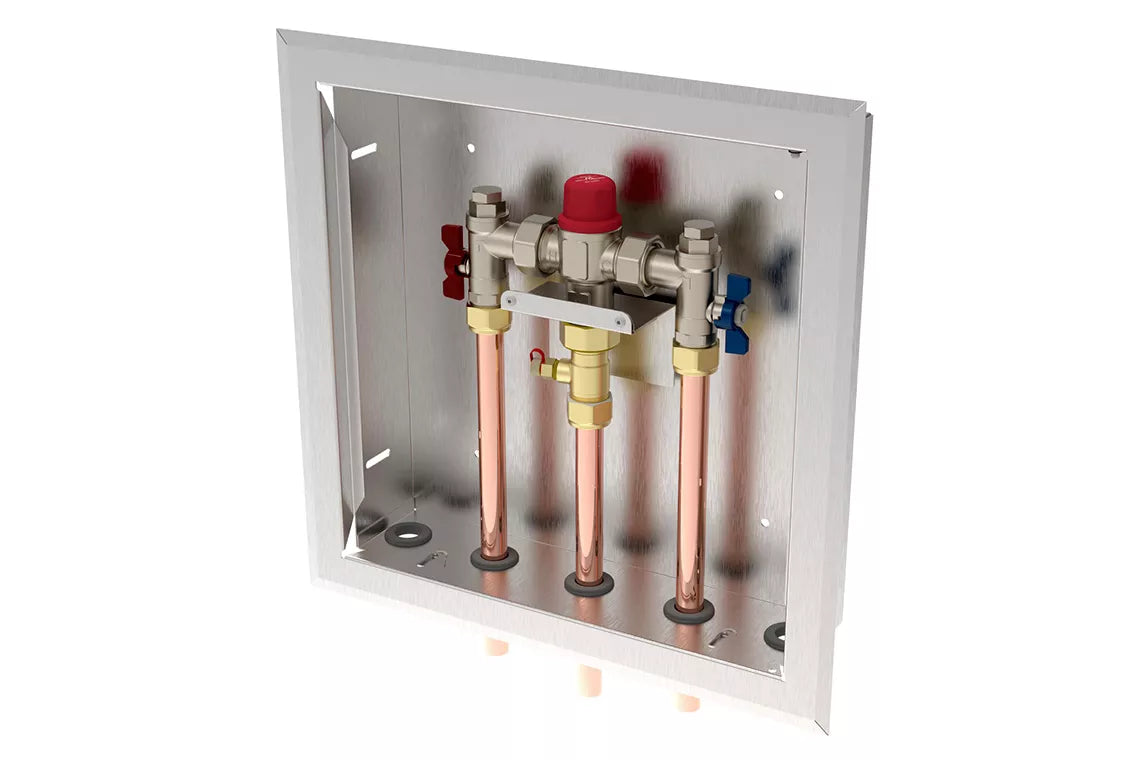 Aquablend 1500 TMV – Lift Lever Thermal Flush -350×350 SS cabinet – HW/CW/WW pipes at bottom