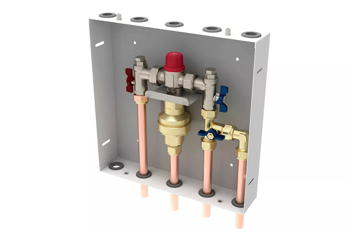 Aquablend 1500 TMV – Lift Lever Thermal Flush -350×350 SS Cabinet – HW/CW/CW BYPASS/WW pipes at bottom-Smartflow – No Lid