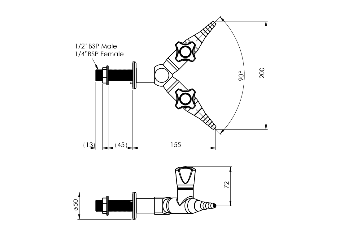 Slimline Two Way Straight 90 Degree Wall Mounted Laboratory Tap (Water)