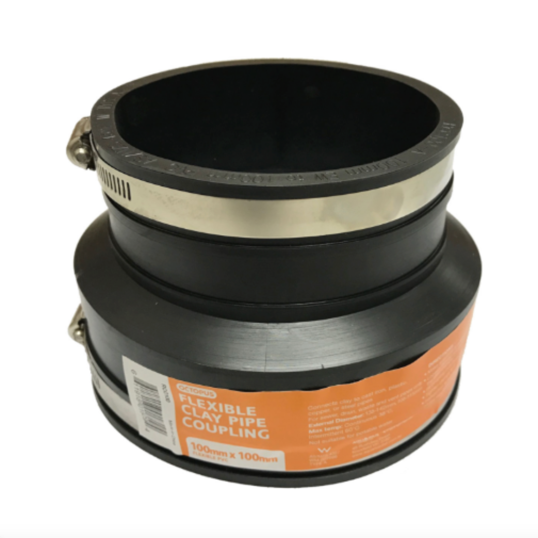 A black flexible coupling PVC to earthware with stainless steel clamps, housed in a cylindrical shape with product labeling on the side.