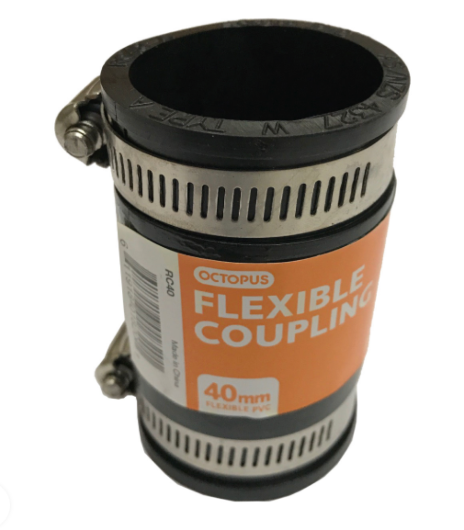 A black flexible coupling Octopus branded for 40mm size, with stainless steel clamps.