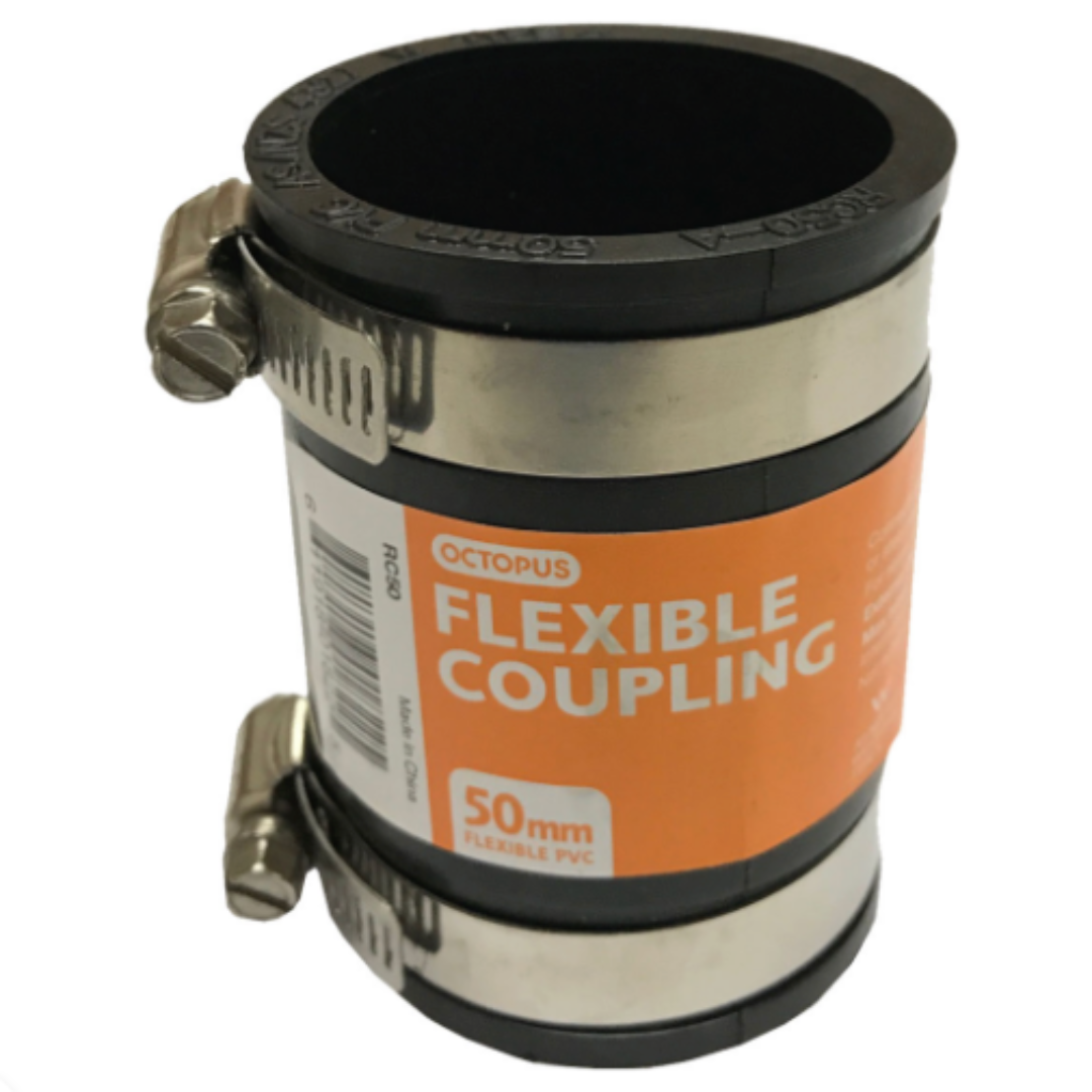 A black flexible coupling pipe connector with stainless steel clamps and a label that indicates 'Flexible Coupling' and '50mm'.
