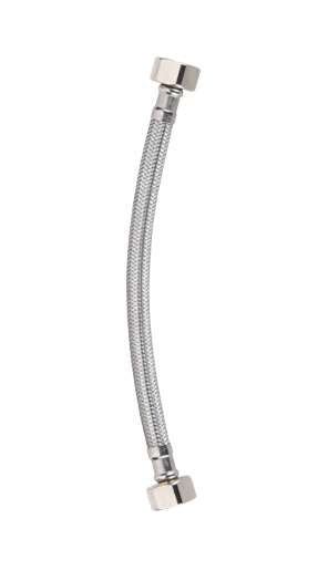 A coiled stainless steel flexible water hose with female connectors on both ends
