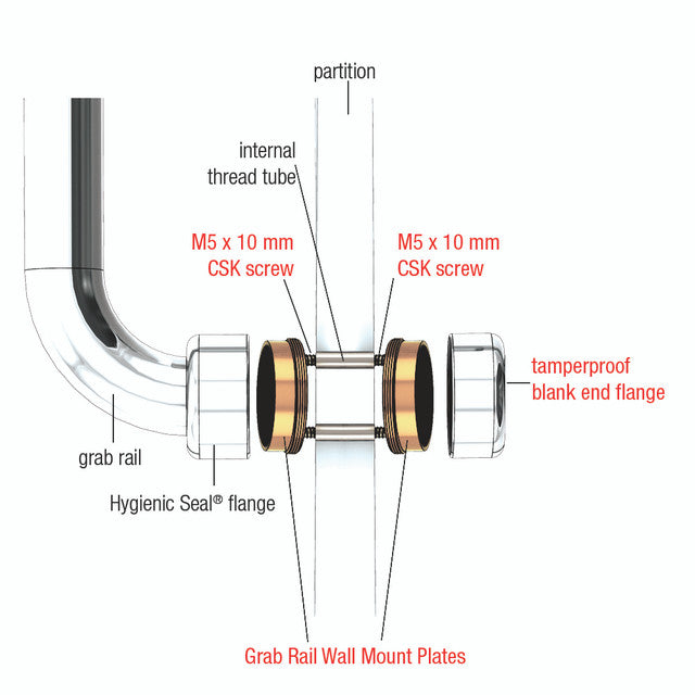 Hygienic Seal® Single Sided Mounting System Chrome  Suits 10 - 14mm Partition