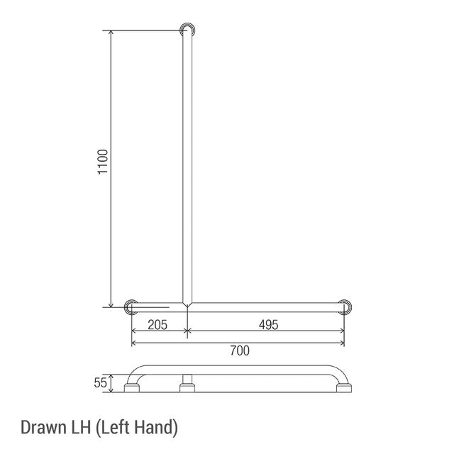 Hygienic Seal® Shower Recess Inverted "T" Grab Rail Brushed Stainless Left Hand 700mm x 1100mm