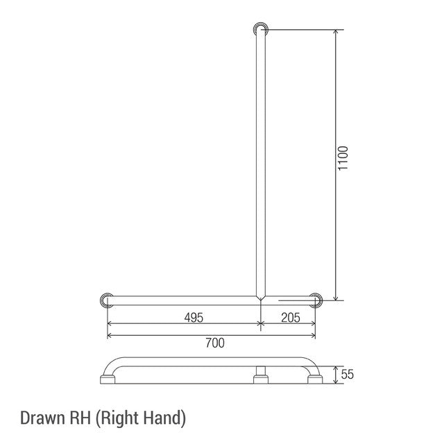 Hygienic Seal® Shower Recess Inverted "T" Grab Rail  Antimicrobial White Right Hand 700mm x 1100mm