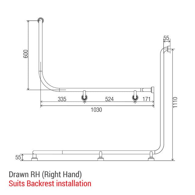 Hygienic Seal® Corner Grab Rail 1110mm x 1030mm x 600mm Antimicrobial White Right Hand