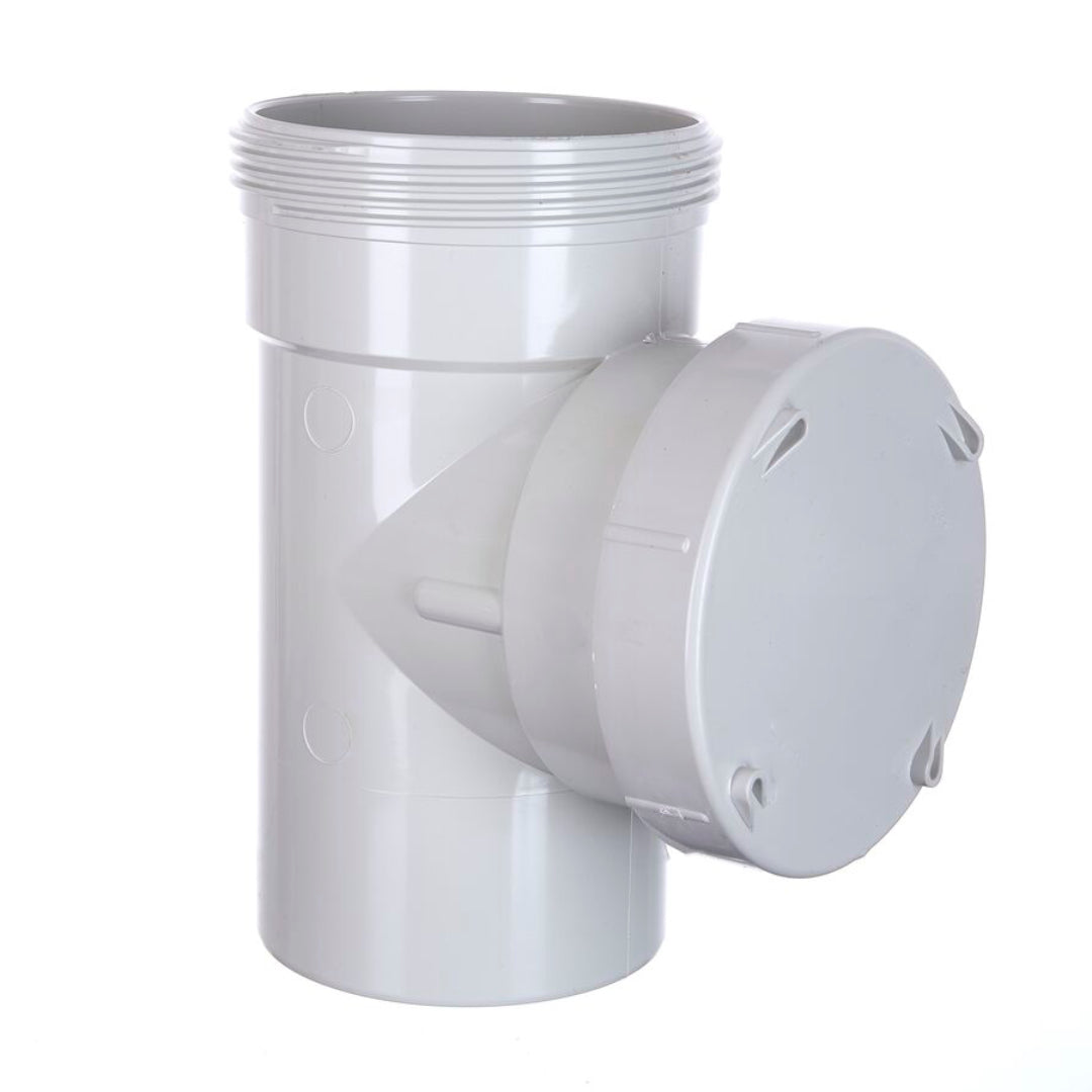 A white inspection junction for plumbing pipes with both male and female connections.