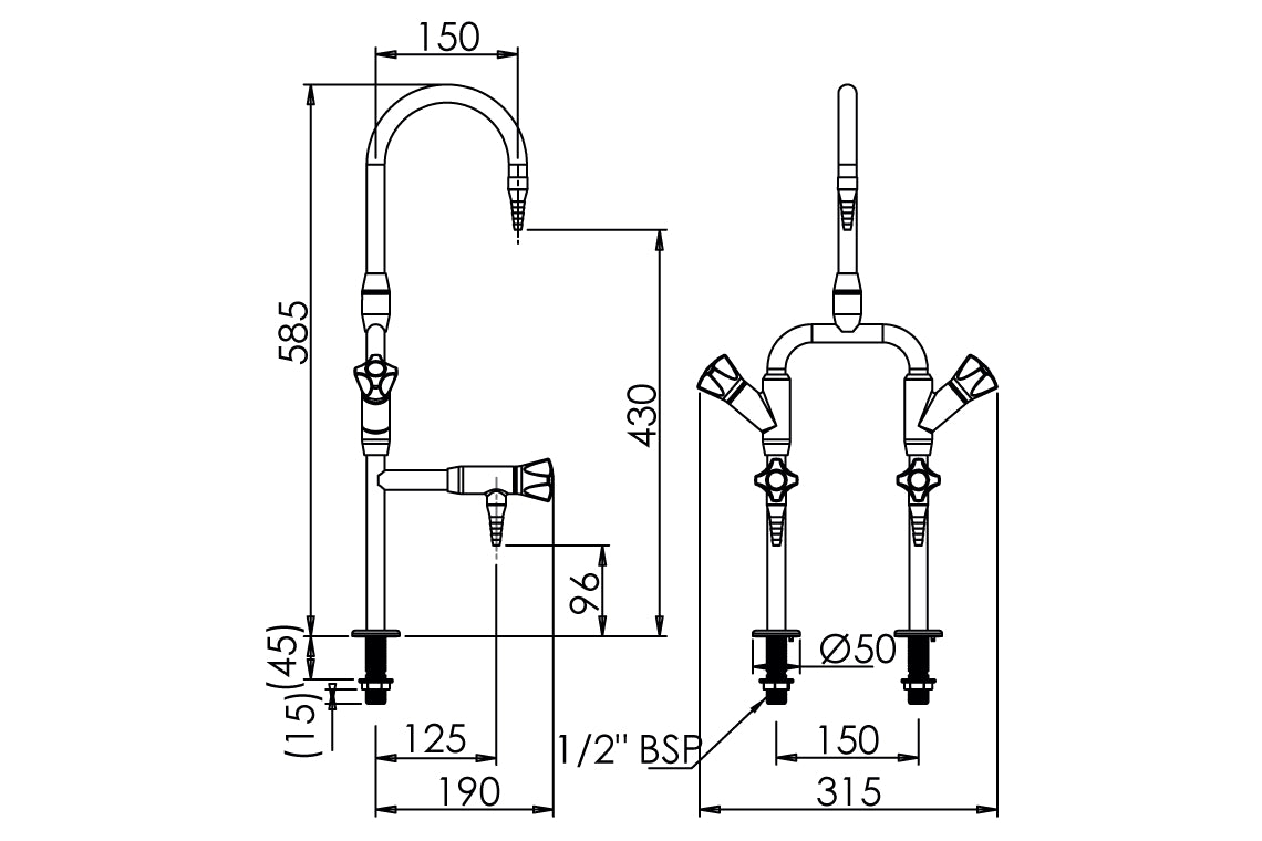 Slimline 3-Way Bench Mounted Laboratory Mixing Set with Swivel Spout and 2 Fixed Bib Taps (H & C)