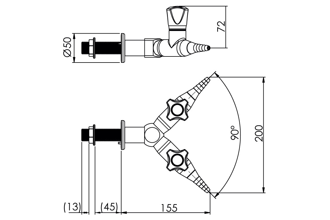 Slimline Two Way Straight 90 Degree Wall Mounted Laboratory Tap (Water)
