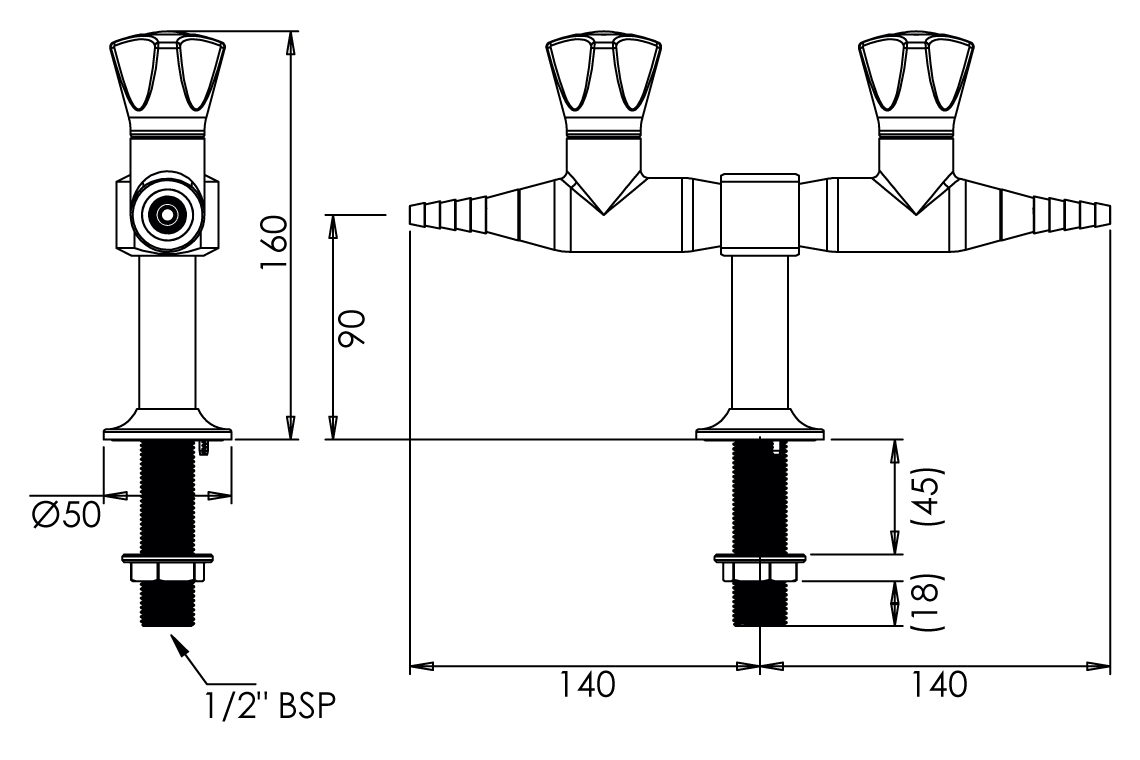 Slimline Two Way 180 Degree Bench Mounted Laboratory Tap
