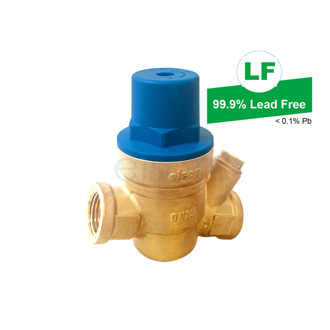A blue 15mm pressure reducing valve with a brass body, marked with 'ELSON' and '99.9% Lead Free' on the label.