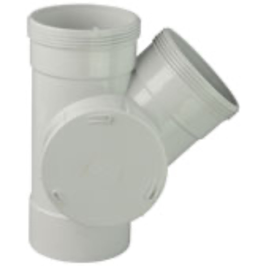 A white plastic 45-degree elbow pipe connector.