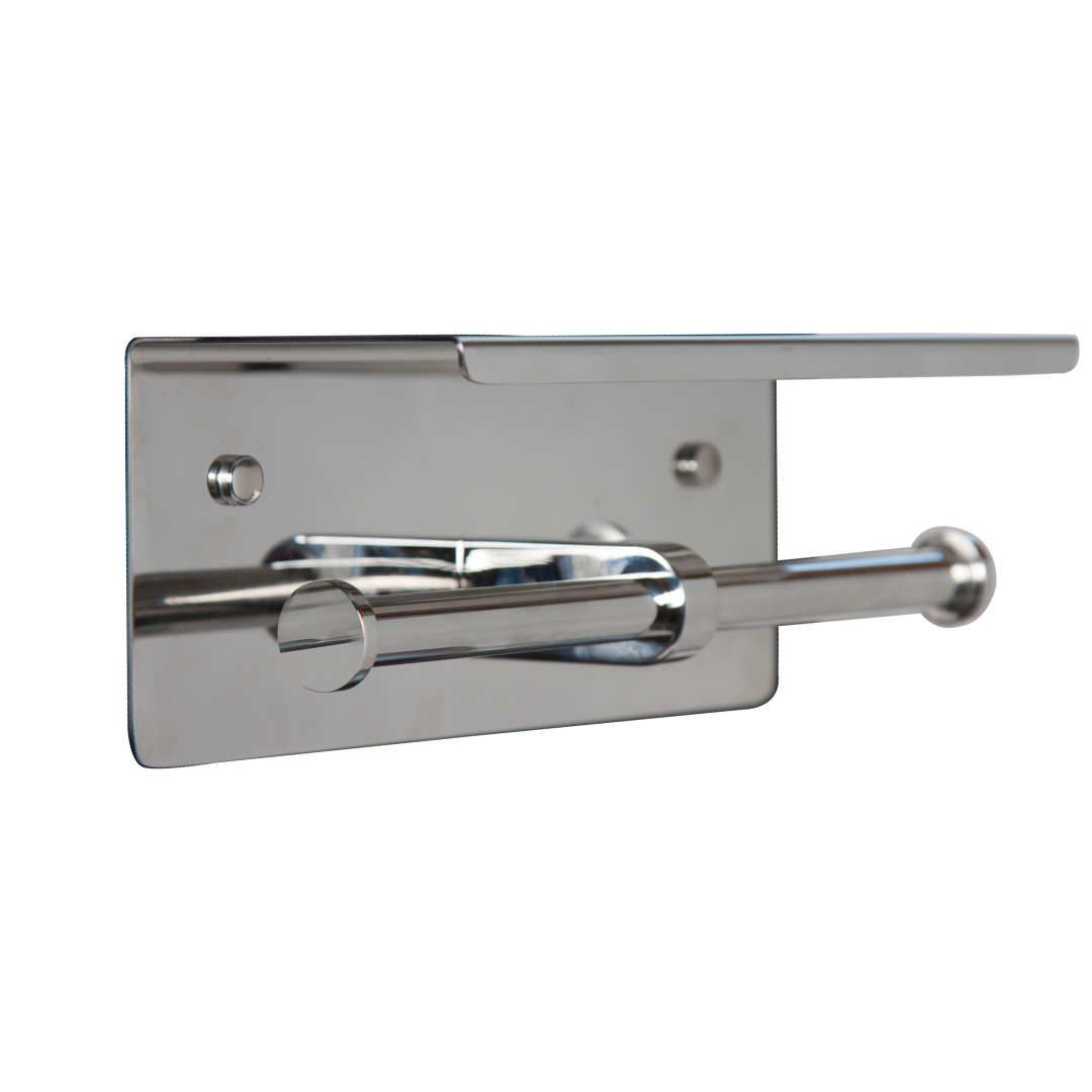 Double Toilet Roll Holder with Shelf Top in Polished Stainless Steel