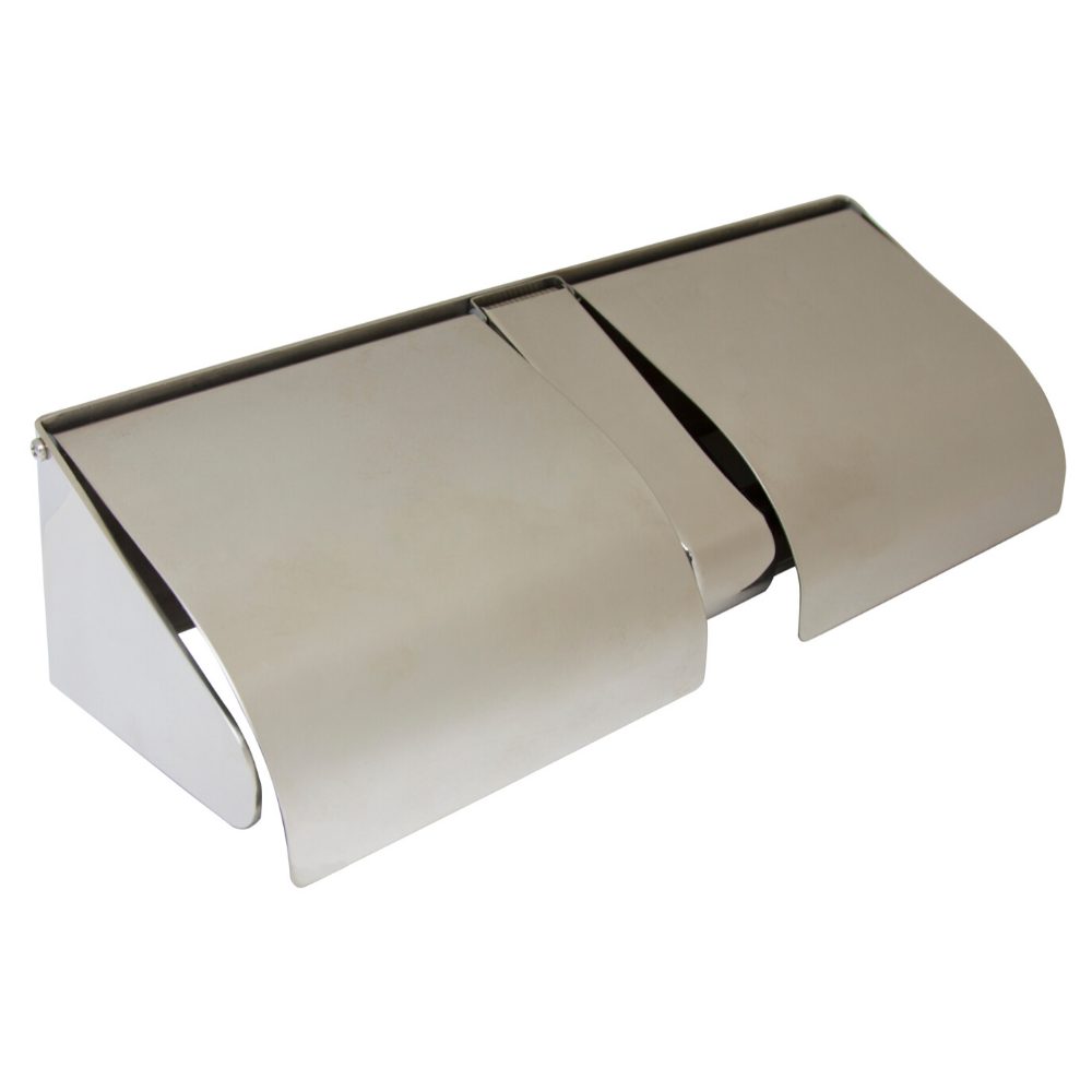 Lockable and Hooded Double Toilet Roll Holder in Polished Stainless Steel