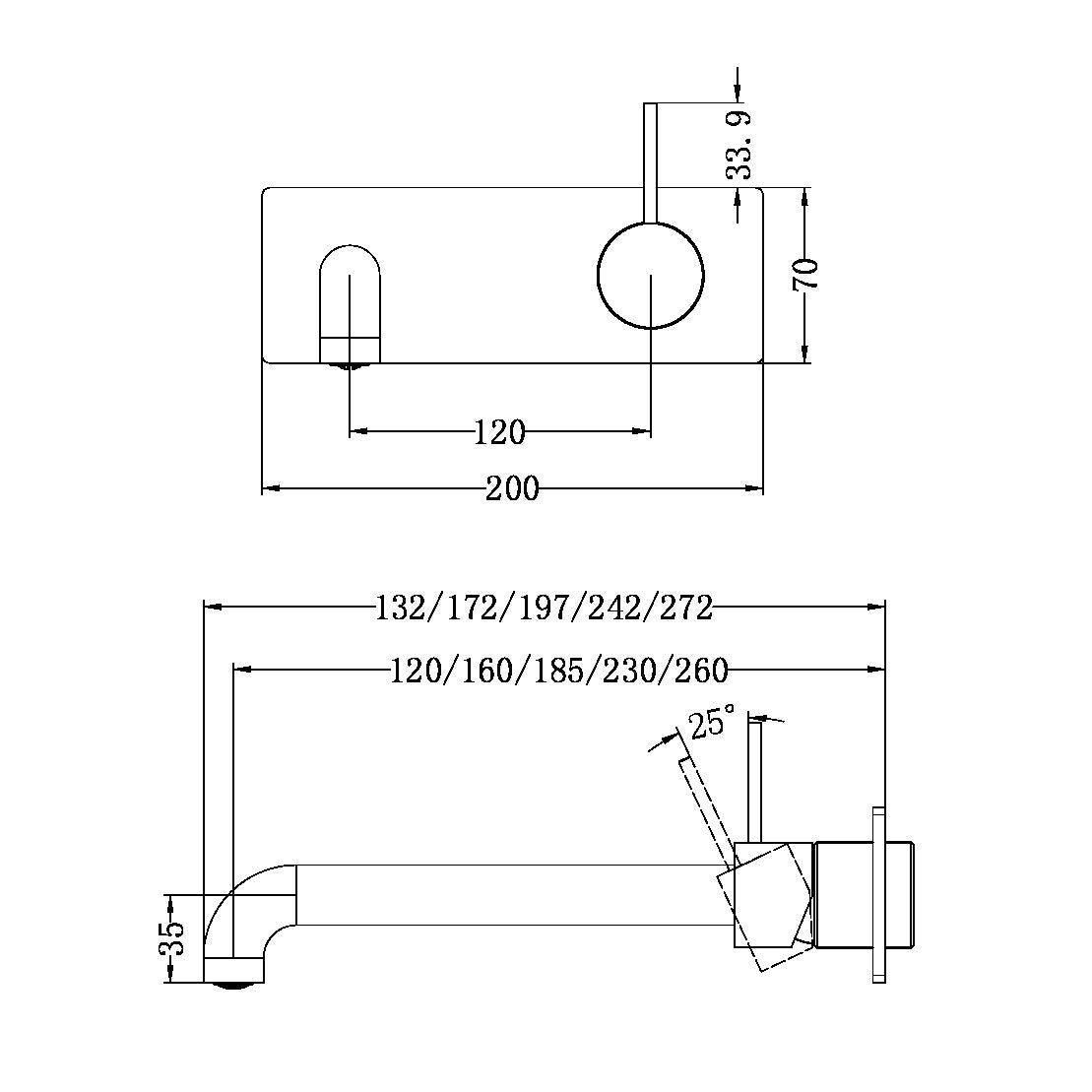 Mecca Wall Basin/bath Mixer Handle Up 260mm Trim Kits Only