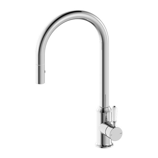 York Pull Out Sink Mixer With Veggie Spray Function With White Porcelain Lever