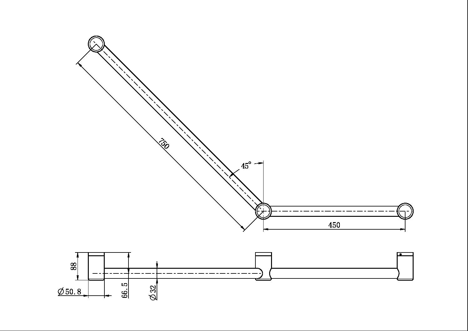 Mecca Care 32mm Ambulant Toilet Grab Rail 45 Degree 750 mm x 450mm