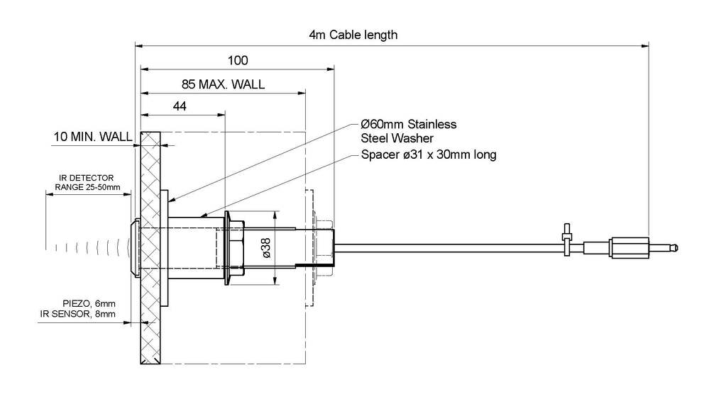 Wallgate Infra-Red Sensors H&C for Basin with 4m Cables; Panelling (0-85mm Wall)