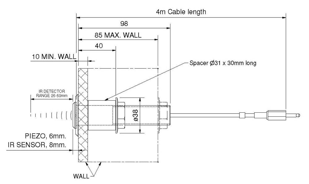 Wallgate Dual Flush Infra-Red Sensor with 4m Cable; to suit Panelling (0-85mm Wall)