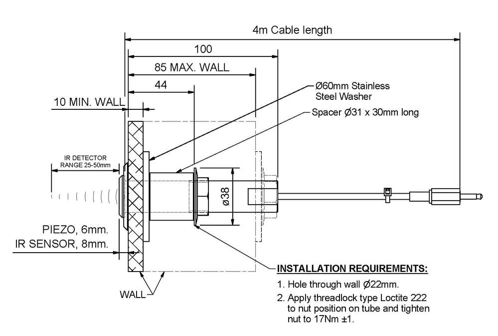 Wallgate Single Infra-Red Sensor for Shower with 4m Cable; Panelling (0-85mm Wall)