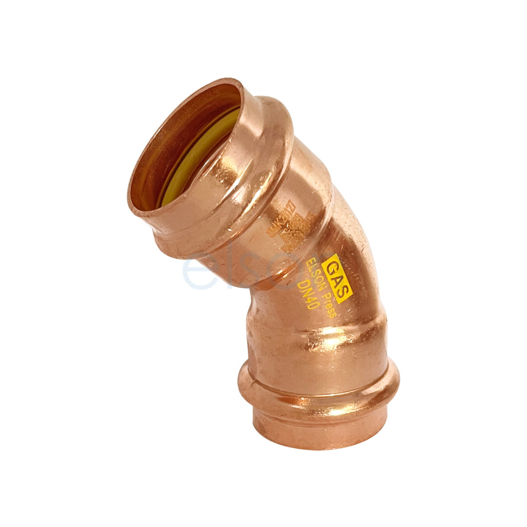 Copper elbow pipe fitting with 'Gas' marking on a white background