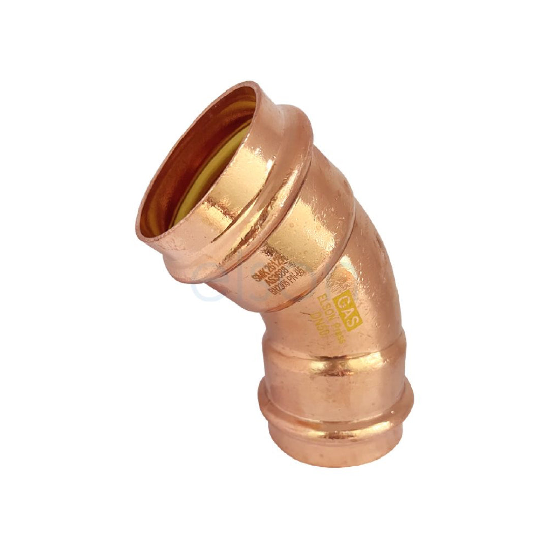 Copper elbow pipe fitting on a white background