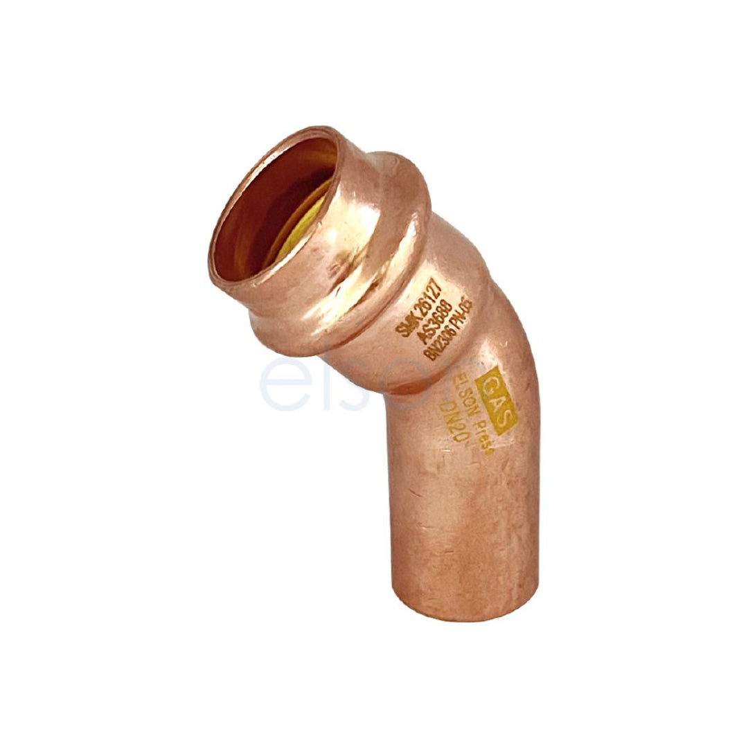 A copper 45-degree elbow pipe fitting with a 'Leak before Press' O-ring, marked with the Elson logo.