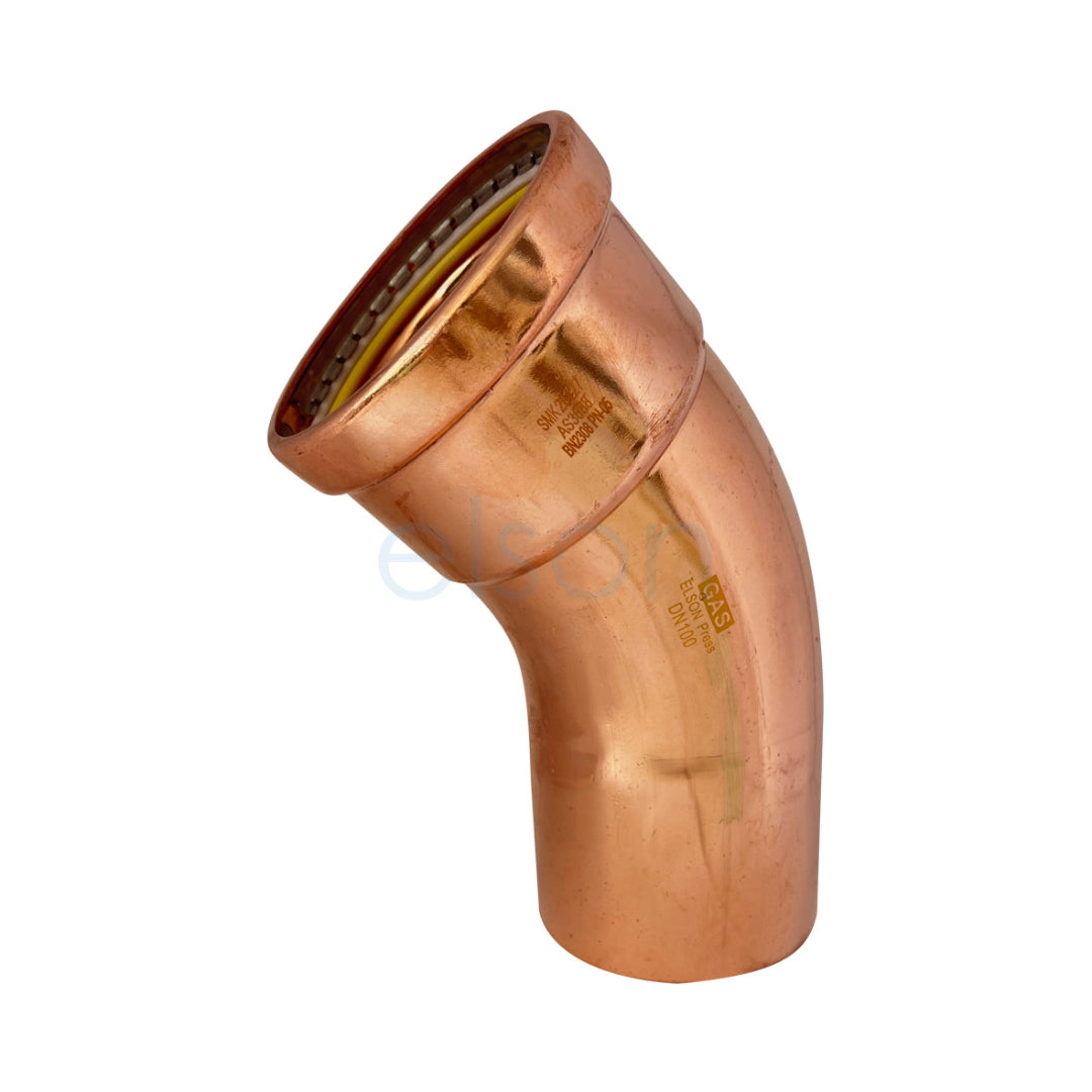 Copper elbow pipe fitting on a white background