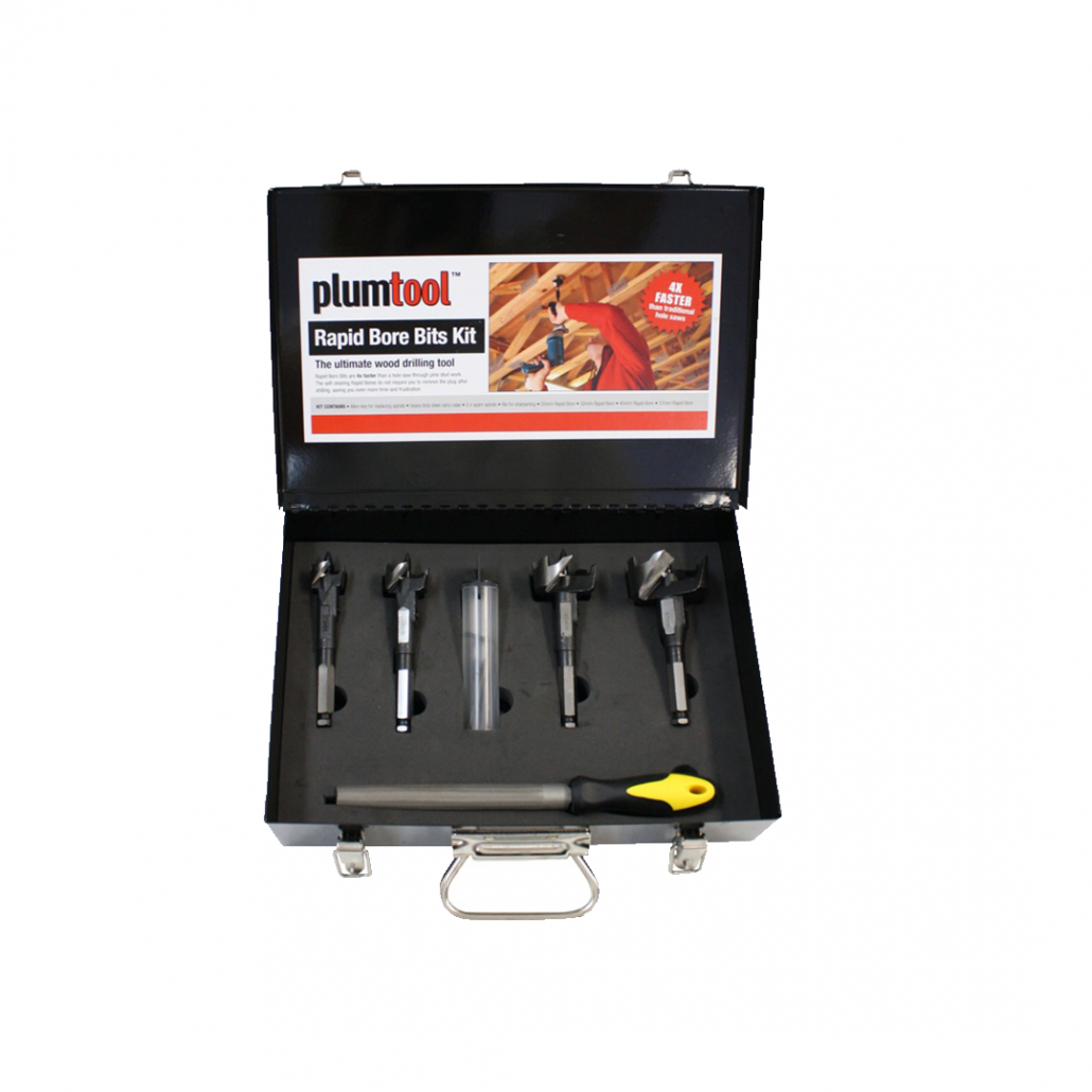 Plumtool Rapid Bore Kit (25mm - 57mm) – 4pc High-Speed Self-Clearing Wood Drill Set
