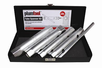 Plumtool tube spanner kit with six spanners in a black case on a white background