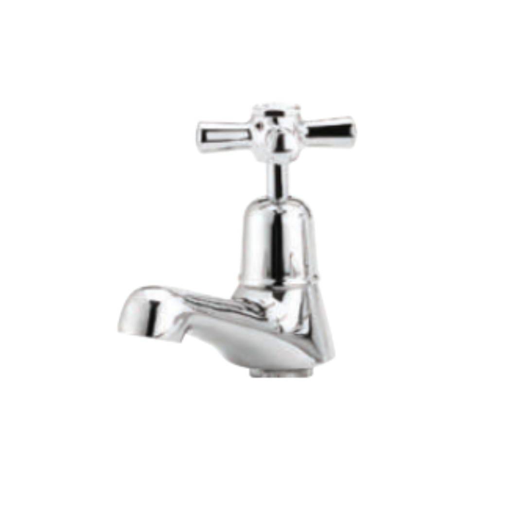 A chrome hot and cold pillar tap designed for easy cleaning and anti-vandalism.