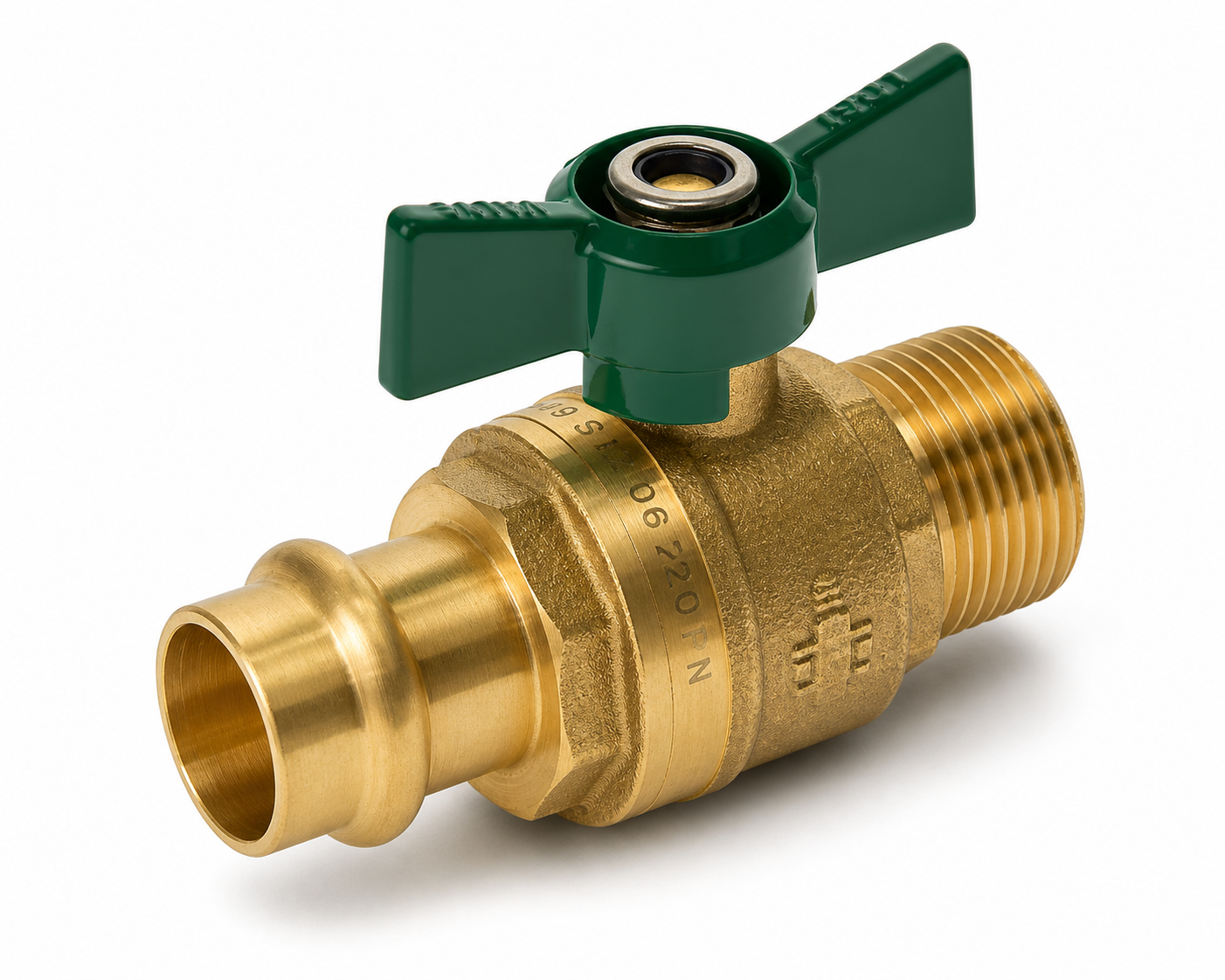 Watermarked Press Fit Ball Valve — Lead Free, Butterfly Handle, CU x MI, Full Bore, Max 2500kPa | DN20 x 20MI