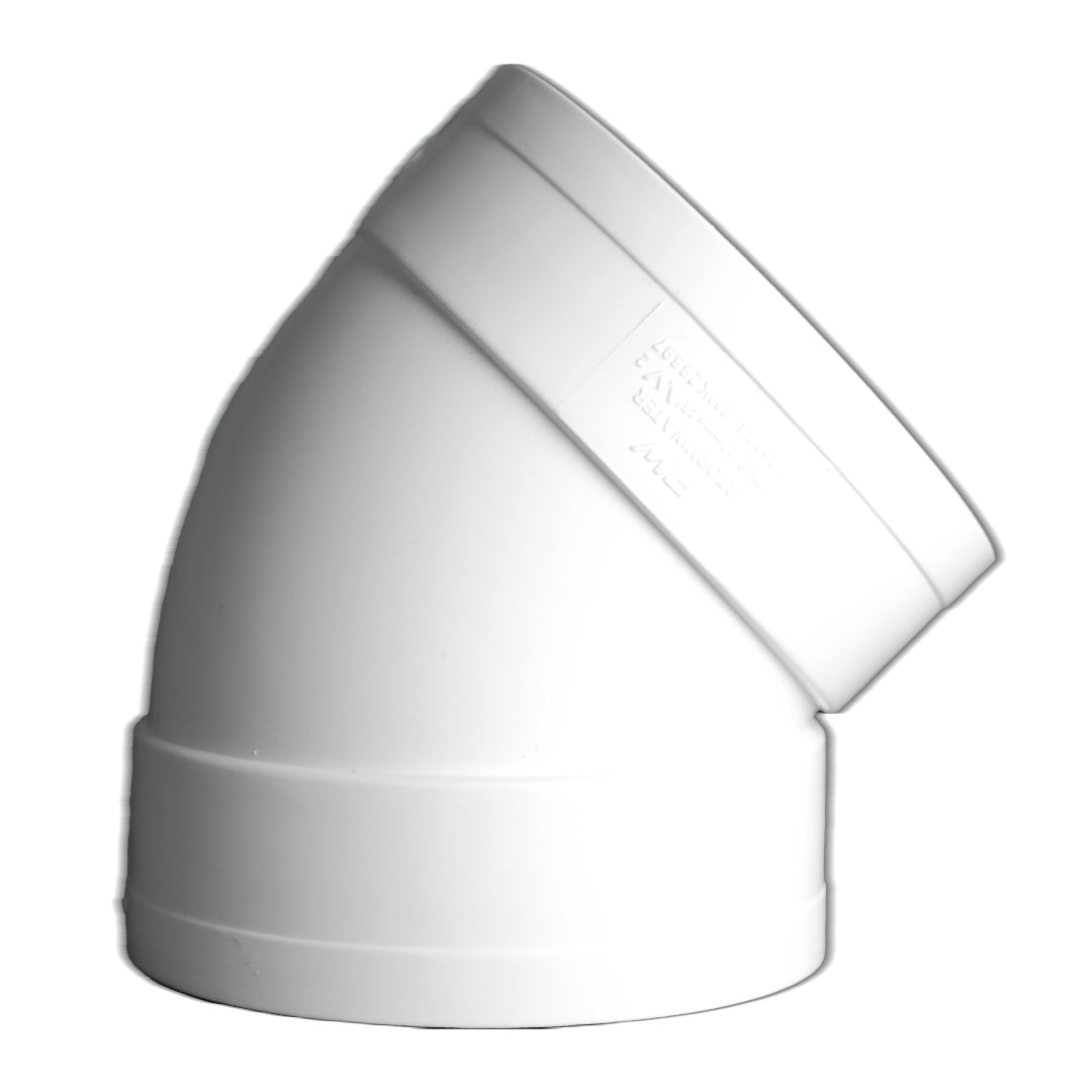 A white PVC stormwater bend with a 45-degree angle and female plain connection.