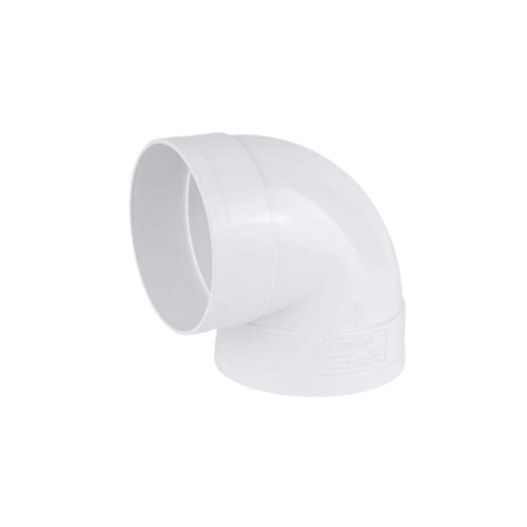 A white PVC 90-degree female to female plain stormwater bend pipe fitting.