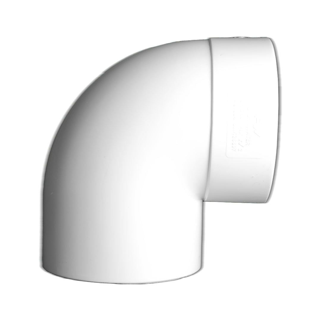 A white PVC stormwater bend with a 90-degree angle, showing both male and female ends.