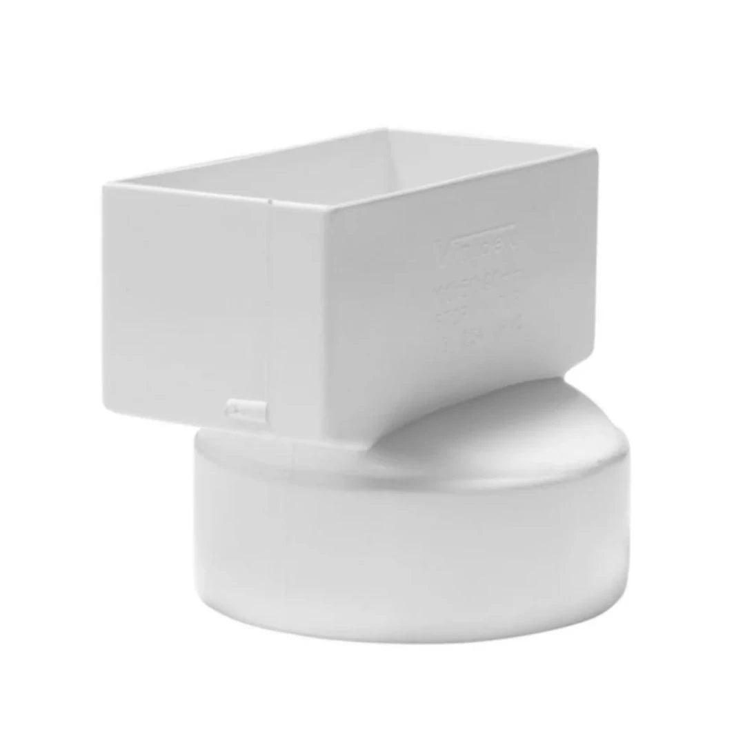 A white PVC stormwater down pipe adapter with a rectangular base and a curved connection at the bottom.