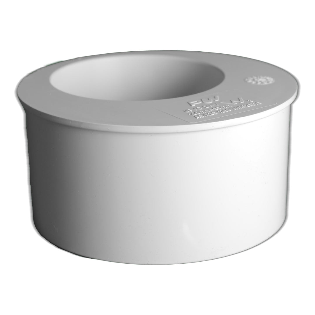 A white PVC stormwater in pipe reducer with a 90mm x 100mm size.