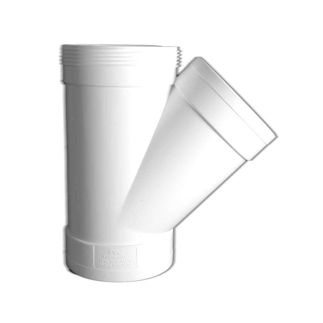 A white PVC stormwater junction with a 90mm x 45 degree female connection.