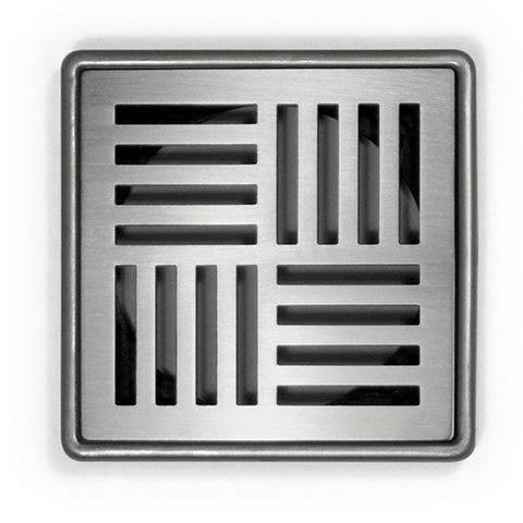 A black square-shaped drain cover with revolving outlet grates, designed for tile and vinyl applications.