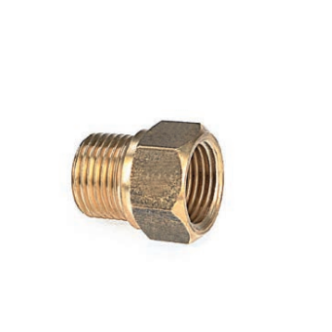 A bronze-colored metal reducing adaptor with male threads on one end and female threads on the other.