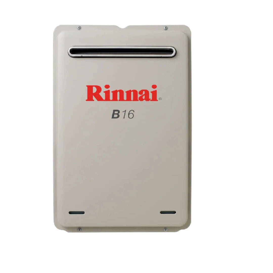A gray Rinnai B16 continuous flow hot water system with a digital display and branding on the front.