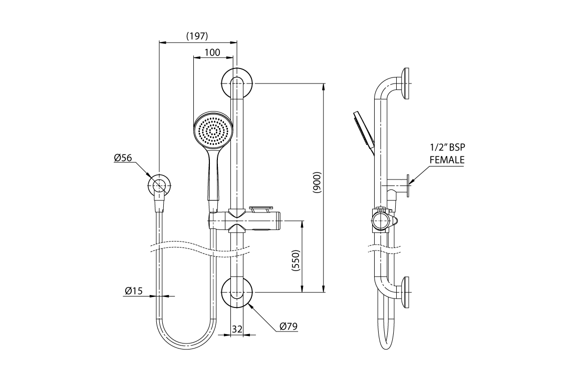 Chrome Hand Held Shower and Smooth Hose with 900mm Stainless Steel Grab Rail