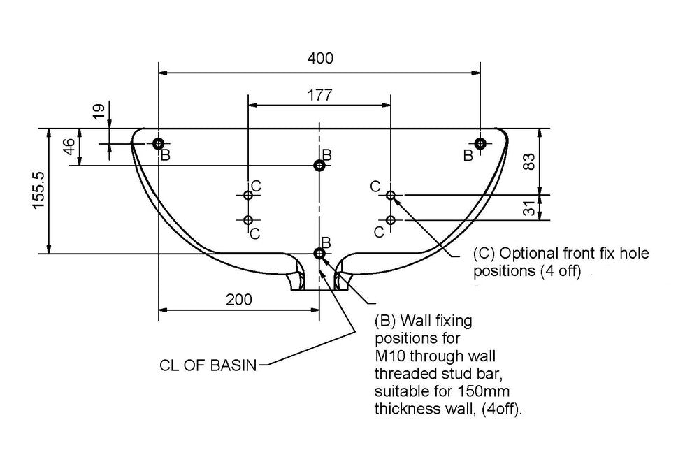 Wallgate Wash Hand Basin Solid Surface - Front Fixed Exposed Services & LH Tap Holes